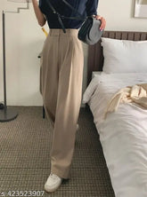 Elegant high-waisted beige Lycra trousers, wide-leg fit, premium fabric, pleated front, versatile style for women's fashion